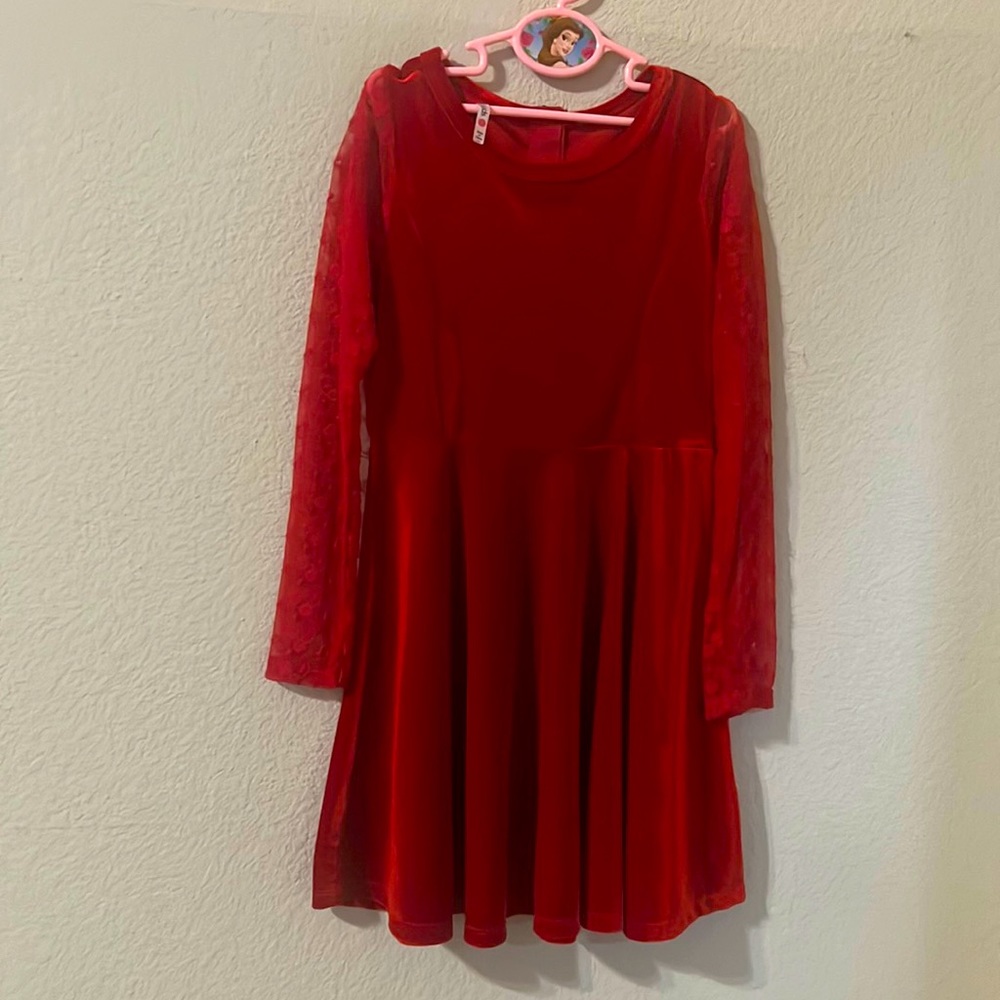 Fabkids Lace Sleeves A-Line Velvet Dress in Red SZ Large